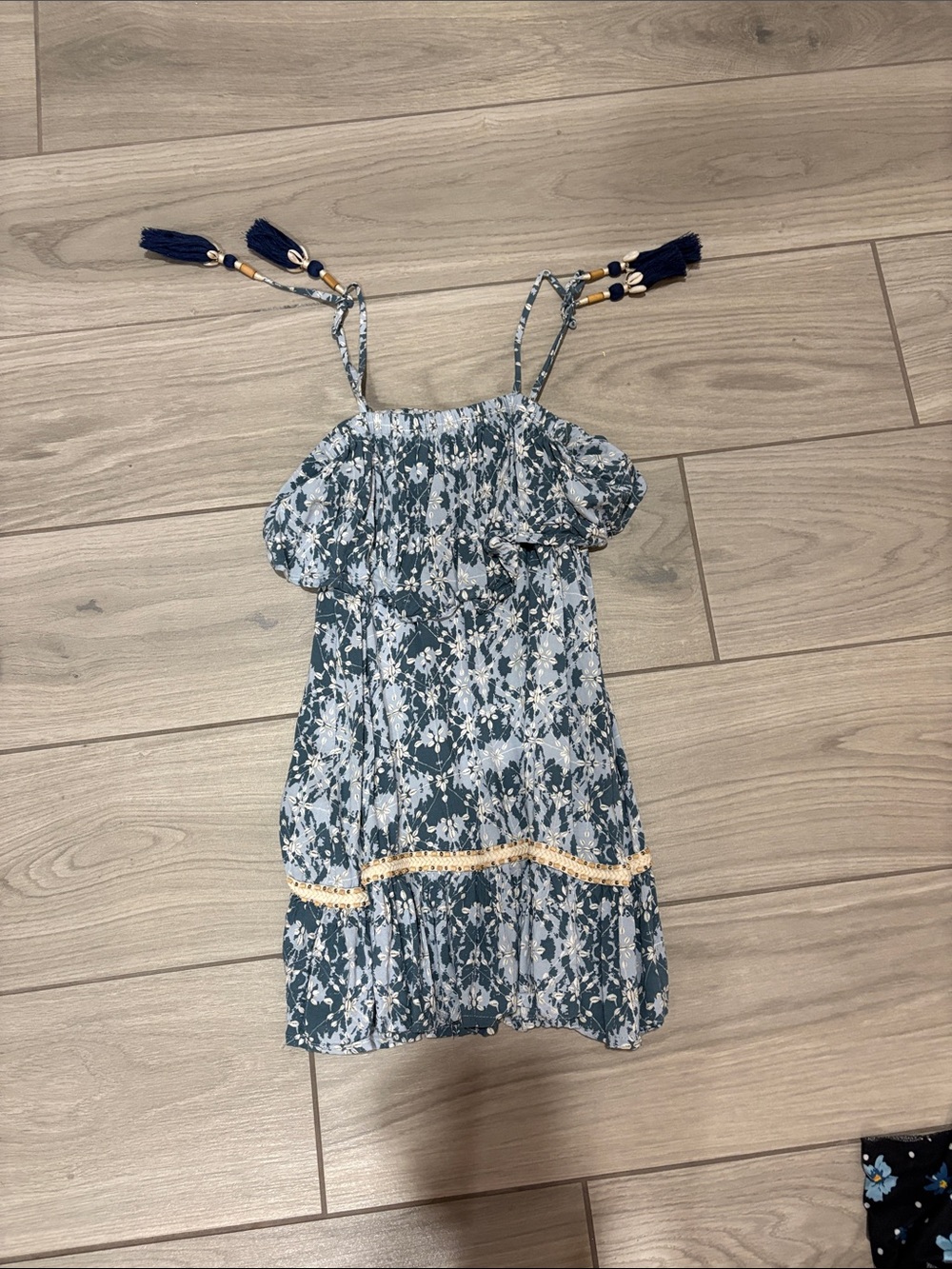 Girls' Teal Floral Sundress with Tassel Straps